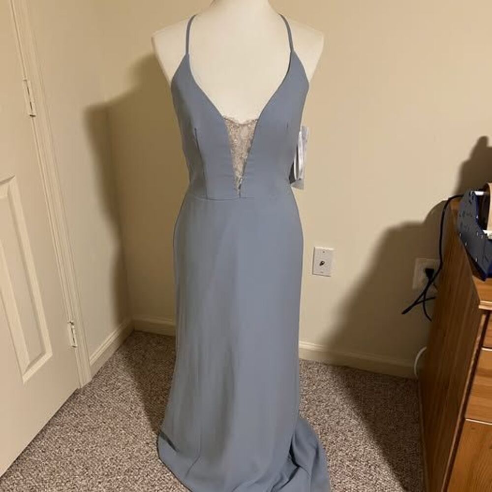 Hayley Paige Occasions Dusty Blue V-Neck Lace Gown - 6